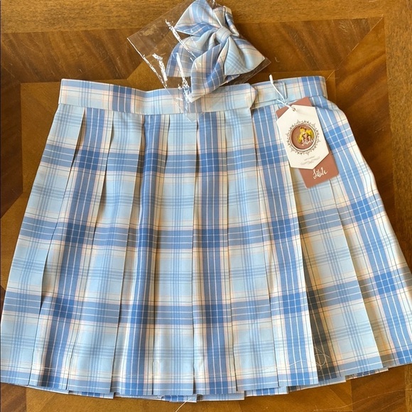 Lolita Pleated School Girl Mini Skirt Blue Pink Hair Bow Women’s Size 26 NWT - Picture 1 of 10